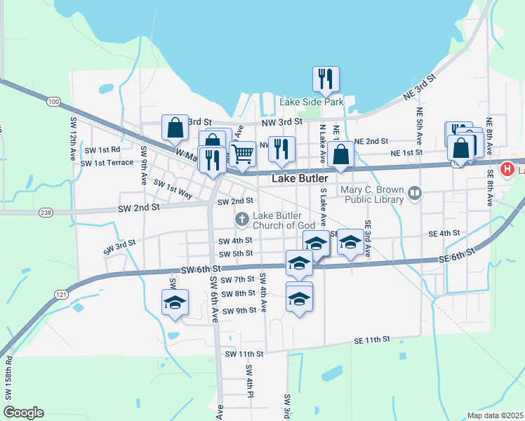 map of restaurants, bars, coffee shops, grocery stores, and more near 235 Southwest 4th Avenue in Lake Butler