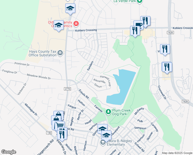 map of restaurants, bars, coffee shops, grocery stores, and more near 1088 Harwell Loop in Kyle