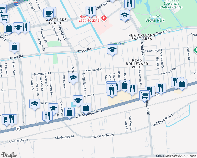 map of restaurants, bars, coffee shops, grocery stores, and more near 4735 Hickerson Street in New Orleans