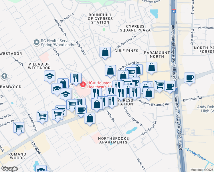 map of restaurants, bars, coffee shops, grocery stores, and more near 17402 Wild Oak Drive in Houston