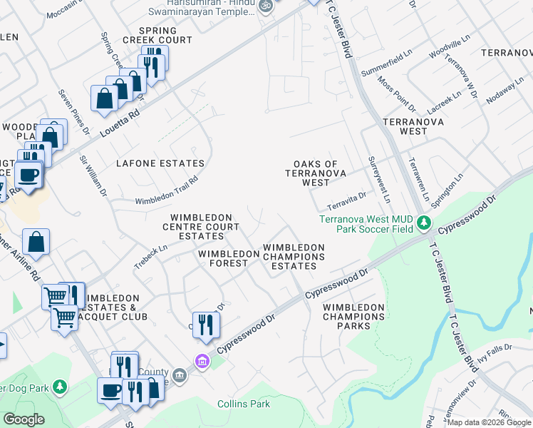 map of restaurants, bars, coffee shops, grocery stores, and more near 6211 Graff Net Court in Spring
