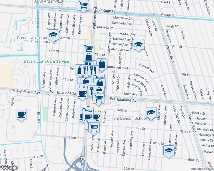 map of restaurants, bars, coffee shops, grocery stores, and more near 3557 Martinique Avenue in Kenner