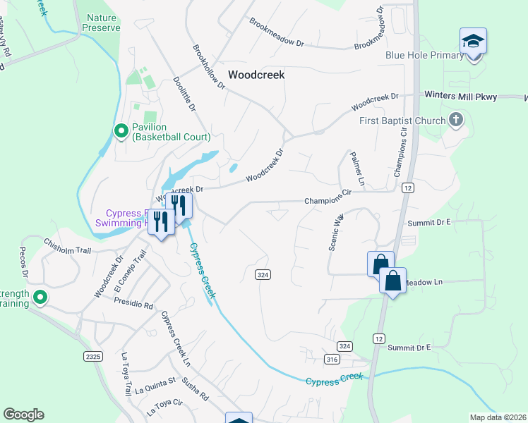 map of restaurants, bars, coffee shops, grocery stores, and more near 10 Fallbrook Circle in Wimberley