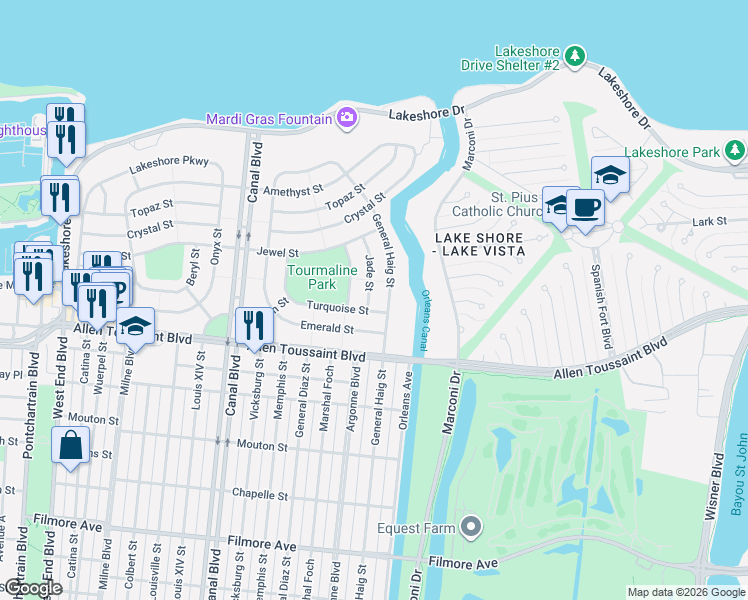 map of restaurants, bars, coffee shops, grocery stores, and more near 7311 Jade Street in New Orleans