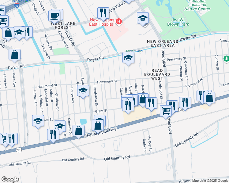map of restaurants, bars, coffee shops, grocery stores, and more near 4735 Hickerson Street in New Orleans