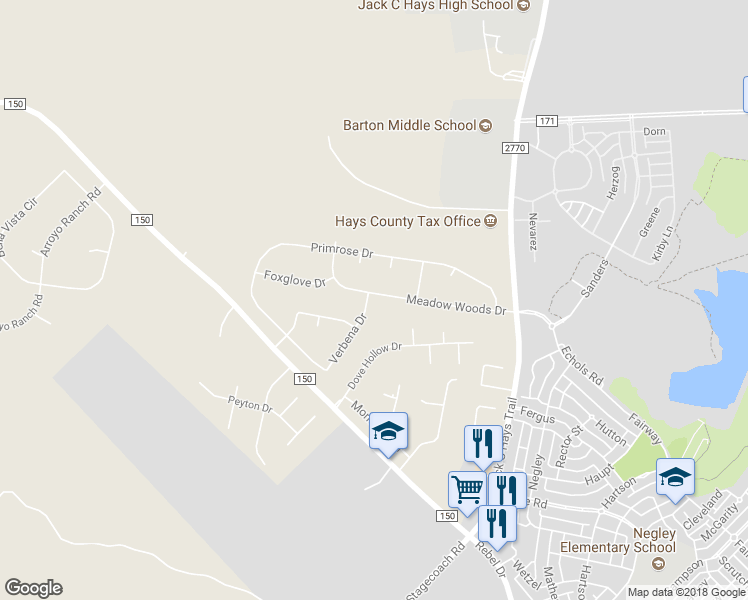 map of restaurants, bars, coffee shops, grocery stores, and more near 209 Meadow Woods Drive in Kyle