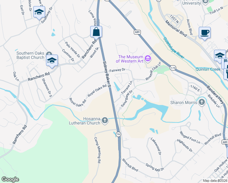 map of restaurants, bars, coffee shops, grocery stores, and more near 215 Canyon Creek Lane in Kerrville