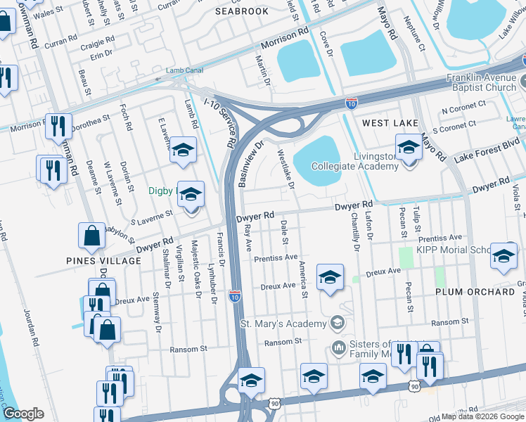 map of restaurants, bars, coffee shops, grocery stores, and more near 6573 Dwyer Road in New Orleans