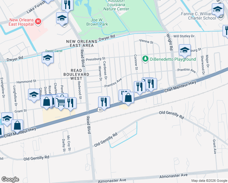 map of restaurants, bars, coffee shops, grocery stores, and more near 4610 Coronado Drive in New Orleans