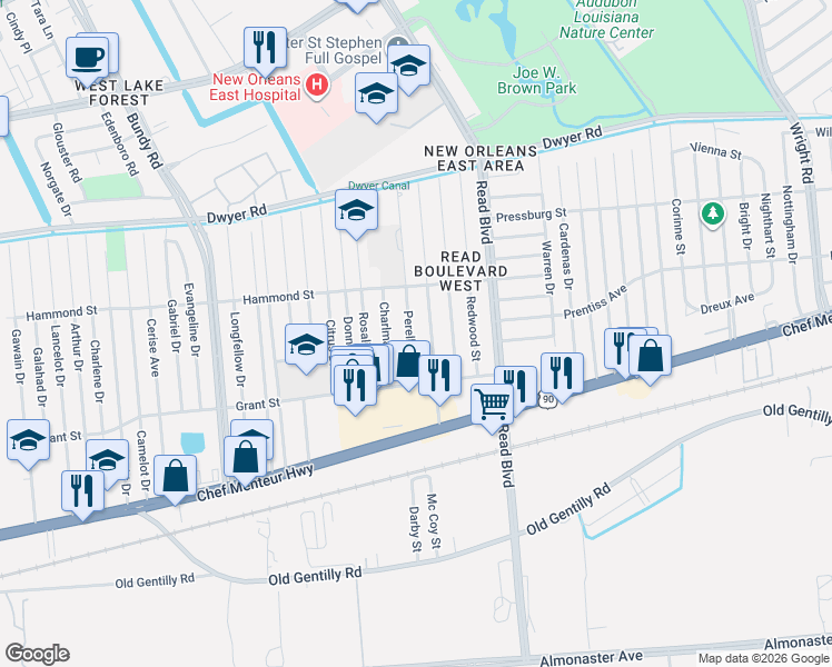 map of restaurants, bars, coffee shops, grocery stores, and more near 4665 Perelli Drive in New Orleans