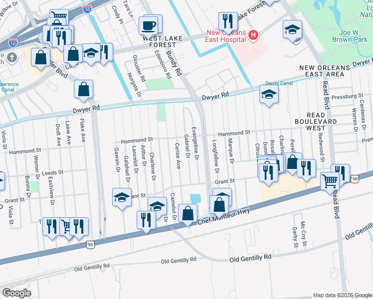 map of restaurants, bars, coffee shops, grocery stores, and more near 4727 Gabriel Drive in New Orleans
