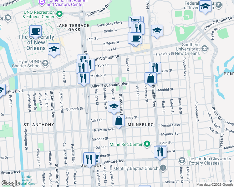 map of restaurants, bars, coffee shops, grocery stores, and more near 2352 Madrid Street in New Orleans