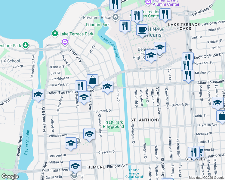 map of restaurants, bars, coffee shops, grocery stores, and more near 1754 Robert E Lee Boulevard in New Orleans