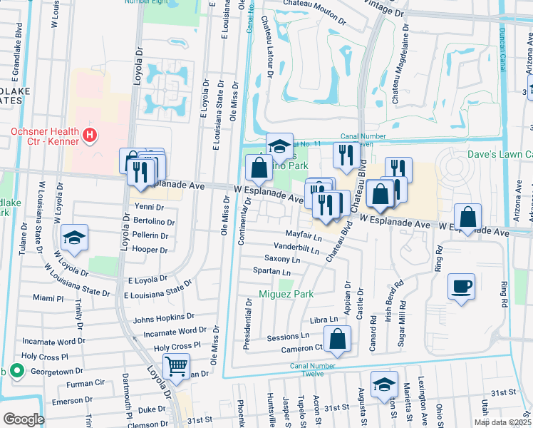 map of restaurants, bars, coffee shops, grocery stores, and more near 242 Avant Garde Circle in Kenner