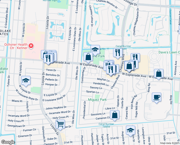 map of restaurants, bars, coffee shops, grocery stores, and more near 242 Avant Garde Circle in Kenner