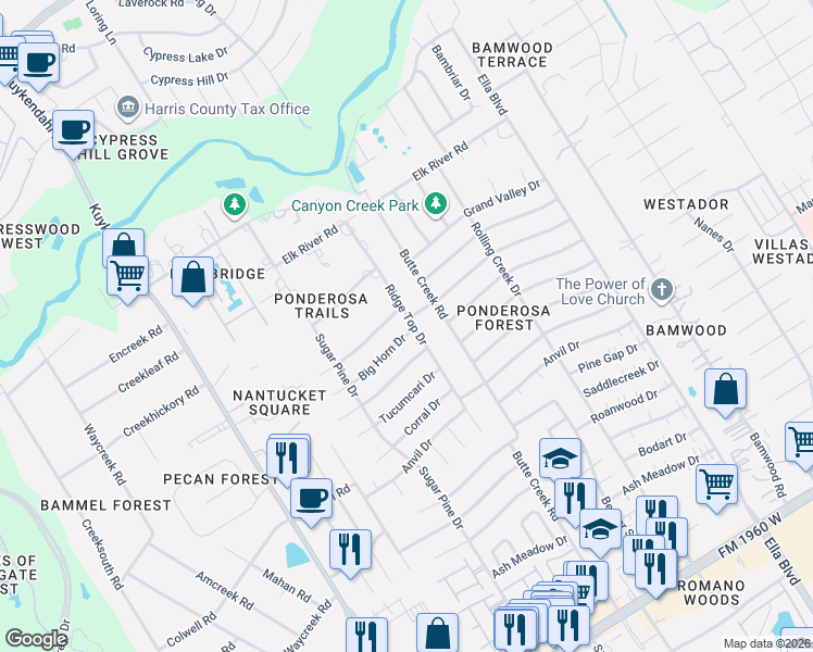 map of restaurants, bars, coffee shops, grocery stores, and more near 1802 Big Horn Dr in Houston