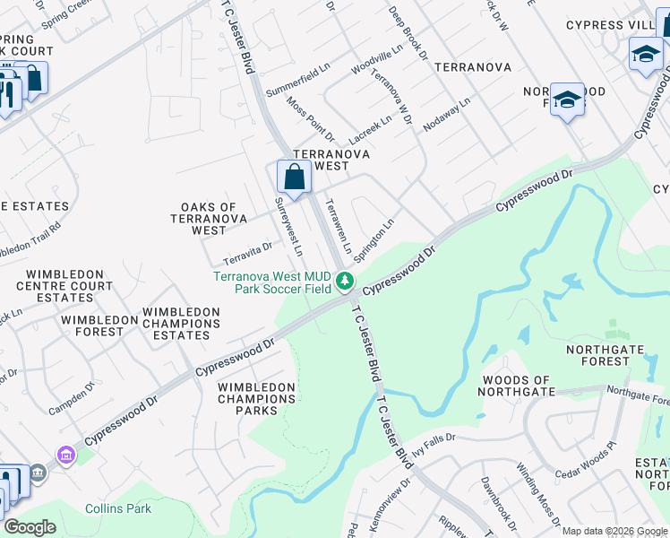 map of restaurants, bars, coffee shops, grocery stores, and more near 17602 Woodlode Lane in Spring