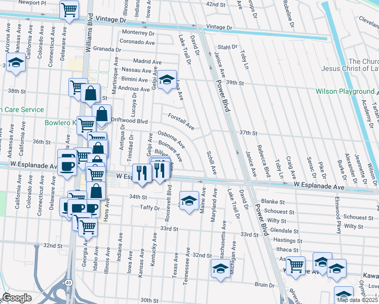 map of restaurants, bars, coffee shops, grocery stores, and more near 17 Driftwood Boulevard in Kenner