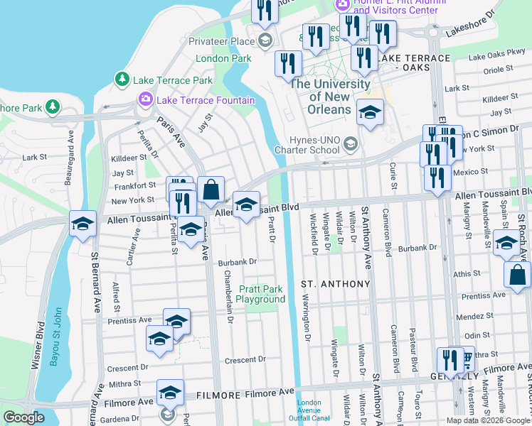 map of restaurants, bars, coffee shops, grocery stores, and more near 1754 Robert E Lee Boulevard in New Orleans