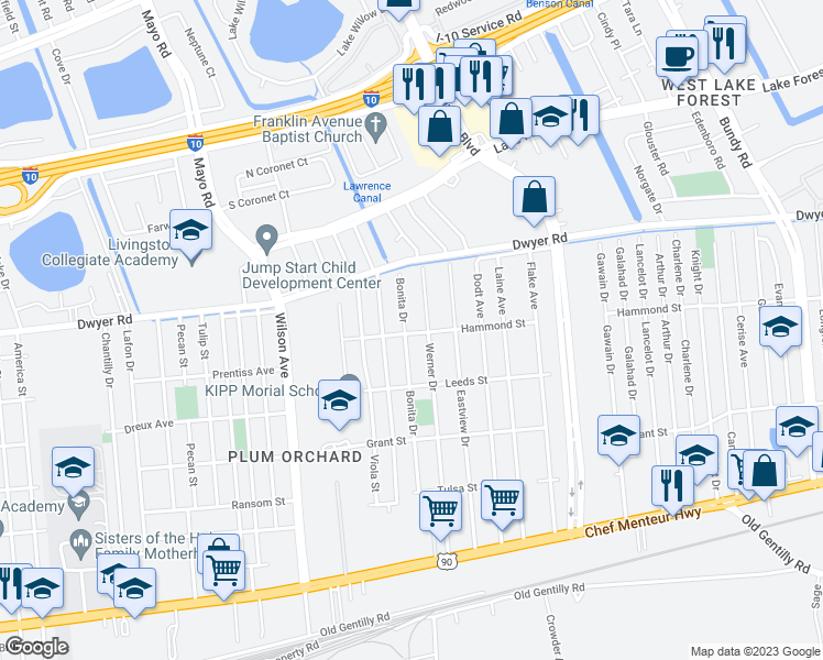 map of restaurants, bars, coffee shops, grocery stores, and more near 7925 Hammond Street in New Orleans