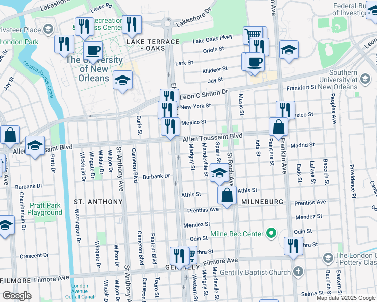 map of restaurants, bars, coffee shops, grocery stores, and more near 6100 Marigny Street in New Orleans