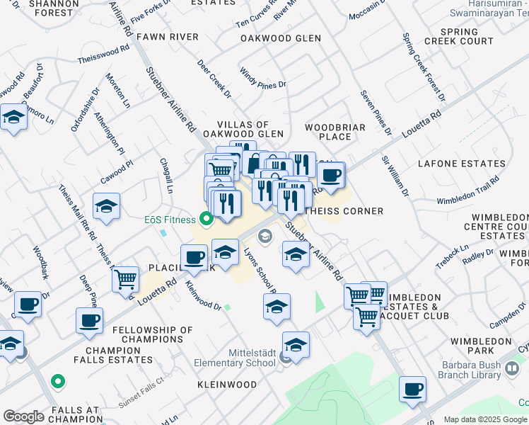 map of restaurants, bars, coffee shops, grocery stores, and more near 16803 Stuebner Airline Road in Spring