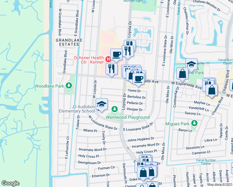 map of restaurants, bars, coffee shops, grocery stores, and more near 340 Bertolino Drive in Kenner