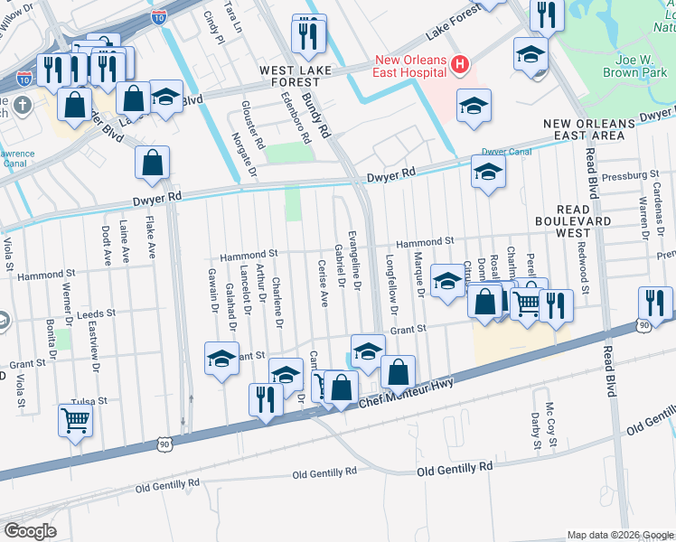 map of restaurants, bars, coffee shops, grocery stores, and more near 4727 Gabriel Drive in New Orleans