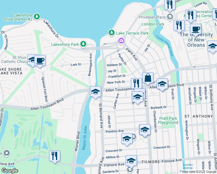 map of restaurants, bars, coffee shops, grocery stores, and more near 1315 Robert E Lee Boulevard in New Orleans