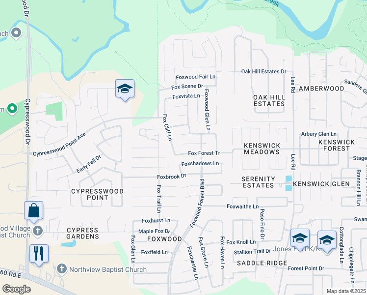 map of restaurants, bars, coffee shops, grocery stores, and more near 7235 Fox Forest Trail in Humble