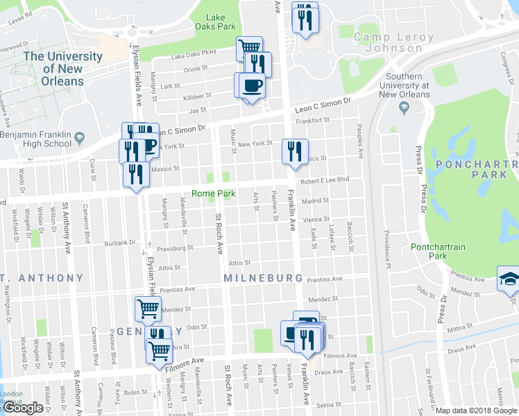 map of restaurants, bars, coffee shops, grocery stores, and more near 2500 Madrid Street in New Orleans