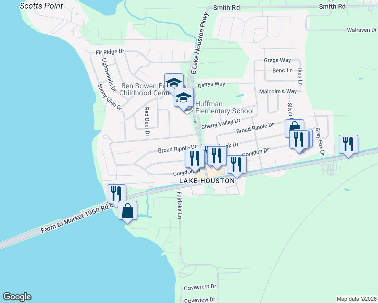 map of restaurants, bars, coffee shops, grocery stores, and more near 522 Broad Ripple Drive in Huffman
