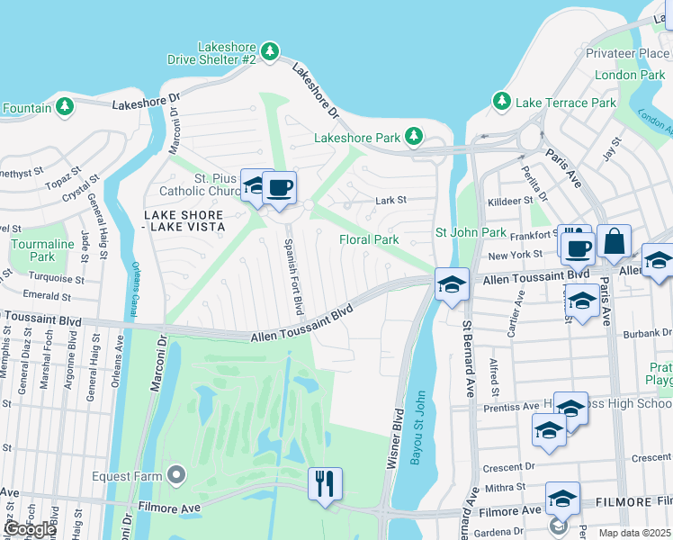 map of restaurants, bars, coffee shops, grocery stores, and more near 31 Gull Street in New Orleans