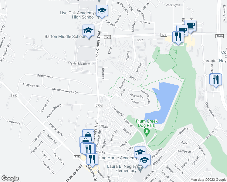 map of restaurants, bars, coffee shops, grocery stores, and more near 1606 Sanders in Kyle
