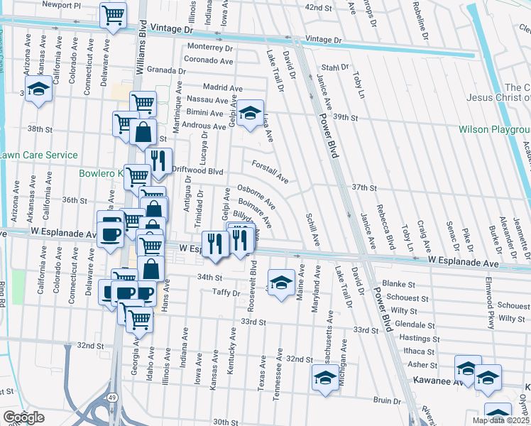 map of restaurants, bars, coffee shops, grocery stores, and more near 40 Boimare Avenue in Kenner