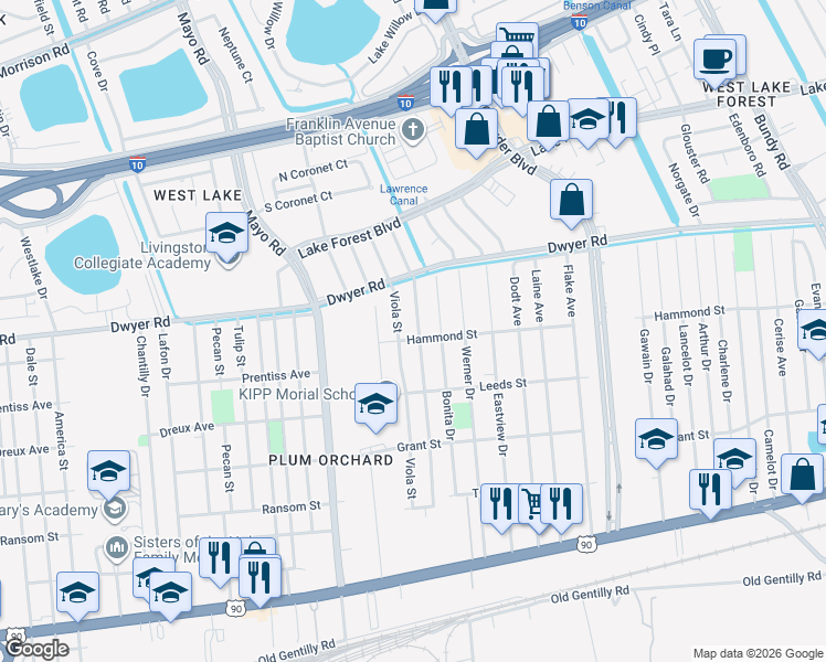map of restaurants, bars, coffee shops, grocery stores, and more near 4801 Francisco Verrette Drive in New Orleans