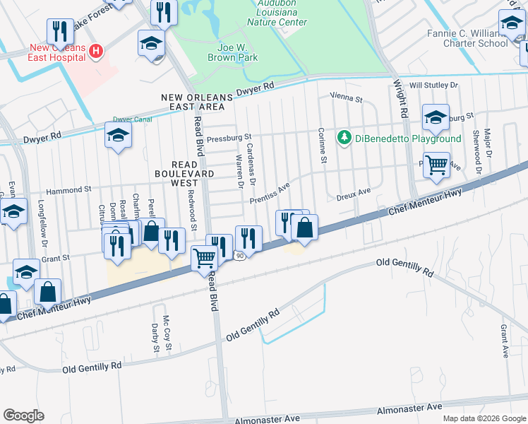 map of restaurants, bars, coffee shops, grocery stores, and more near 4626 Cardenas Drive in New Orleans