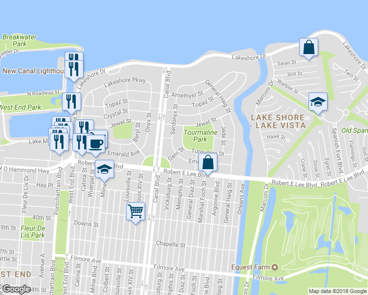 map of restaurants, bars, coffee shops, grocery stores, and more near 7299 Gem Street in New Orleans