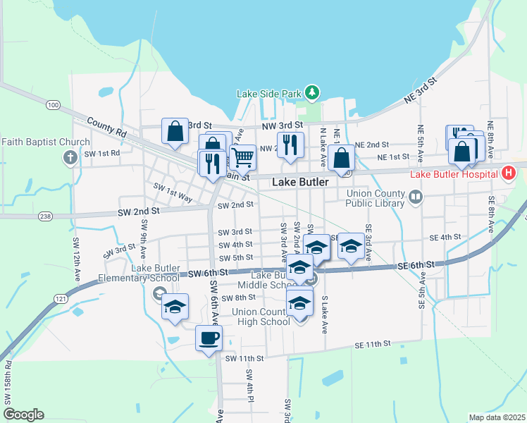 map of restaurants, bars, coffee shops, grocery stores, and more near 235 Southwest 4th Avenue in Lake Butler