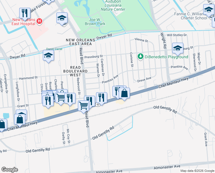 map of restaurants, bars, coffee shops, grocery stores, and more near 4626 Cardenas Drive in New Orleans
