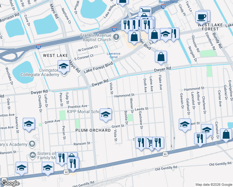 map of restaurants, bars, coffee shops, grocery stores, and more near 4801 Francisco Verrette Drive in New Orleans