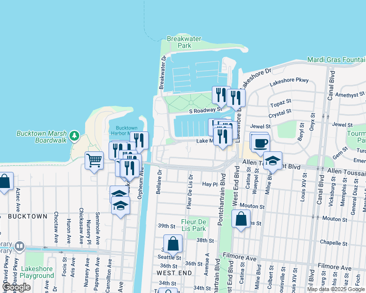 map of restaurants, bars, coffee shops, grocery stores, and more near 343 West Robert E Lee Boulevard in New Orleans