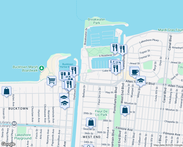 map of restaurants, bars, coffee shops, grocery stores, and more near 343 West Robert E Lee Boulevard in New Orleans