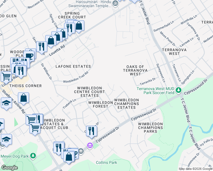 map of restaurants, bars, coffee shops, grocery stores, and more near 16318 Cochet Spring Drive in Spring