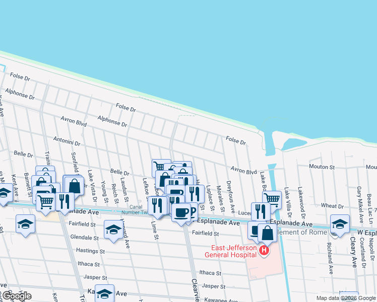 map of restaurants, bars, coffee shops, grocery stores, and more near 4529 Avron Boulevard in Metairie