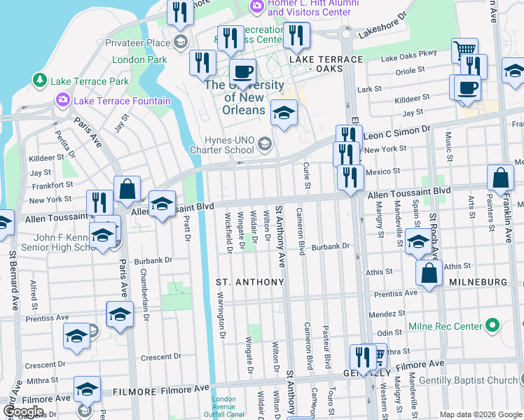 map of restaurants, bars, coffee shops, grocery stores, and more near 6058 Wildair Drive in New Orleans