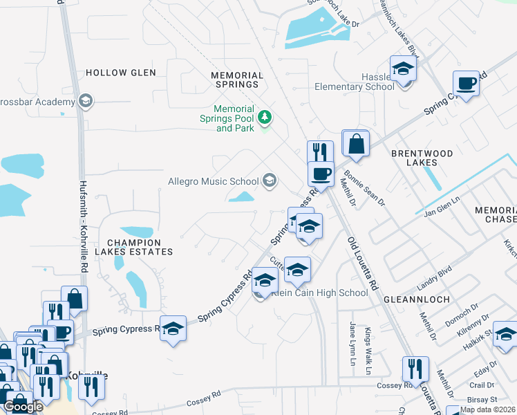 map of restaurants, bars, coffee shops, grocery stores, and more near 17418 Stone Stream Drive in Tomball