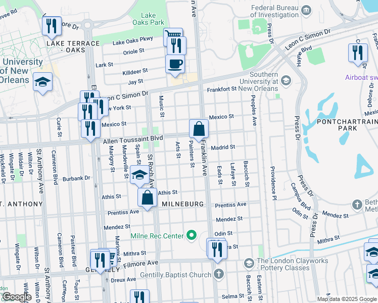map of restaurants, bars, coffee shops, grocery stores, and more near 6040 Painters Street in New Orleans
