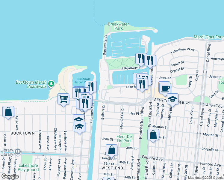 map of restaurants, bars, coffee shops, grocery stores, and more near 343 West Robert E Lee Boulevard in New Orleans