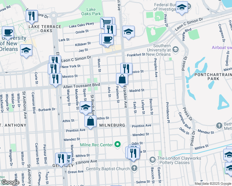 map of restaurants, bars, coffee shops, grocery stores, and more near 6040 Painters Street in New Orleans